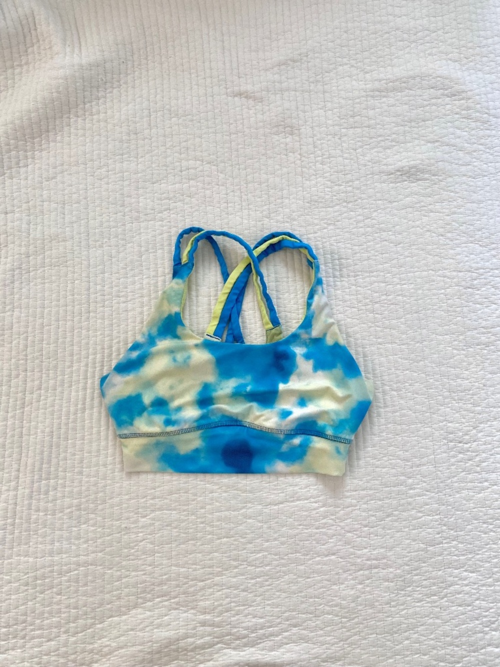blue white and lime green crossback racerback tie dye sports bra